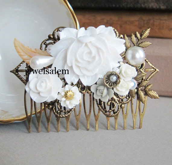 Hochzeit - White Hair Comb Wedding Bridal Hair Accessories Flower Headpiece Downton Abbey Style Leaves Rhinestone Pearl The Great Gatsby Statement JW