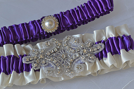 Hochzeit - Wedding Garter Set - Purple And Ivory Garters With Crystal Rhinestone Applique, Garter Belts, Bridal Garter Set