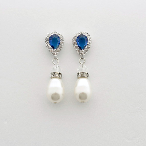 زفاف - Pearl Drop Wedding Earrings Cubic Zirconia Blue Bridal Earrings Bridesmaid Earrings Swarovski Pearls Crystal Bridal Earrings