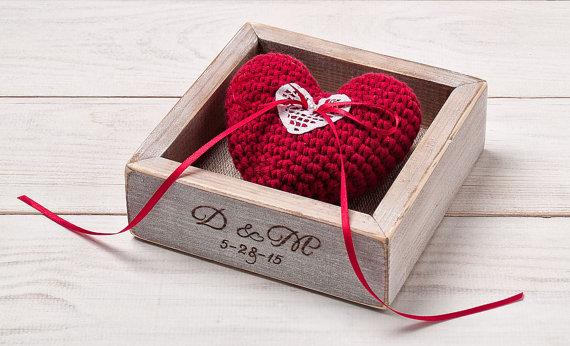 Свадьба - Rustic Ring Box Wedding Ring Monogrammed Ring Bearer Pillow Ring Box with Crochet Heart Red Wedding Proposal Ring Box Wood Keepsake Box