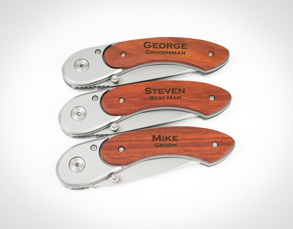 Hochzeit - Pocket Knife, Groomsmen Gift, 12 Personalized Pocket Knives, Custom Engraved, Wood Handle Knife, Personalized Wedding Favor, Wedding Gift