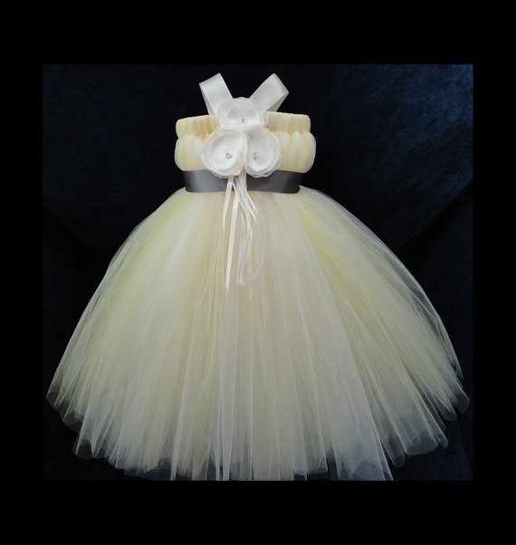 Wedding - Yellow Ivory and Charcoal Grey Flower Girl Dress