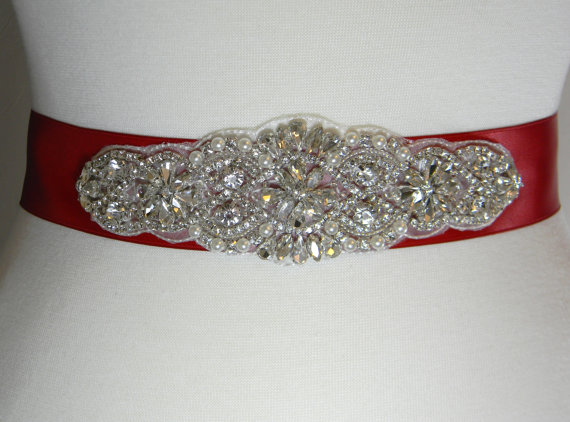 Свадьба - Red Wedding Belt - Bridal Sash - Bridal Belt - Sash Belt - Crystal Rhinestone Pearl Wedding Dress Belt - Ruby Red Satin Bridal Sash - ALEXA