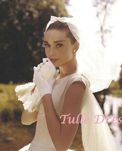 زفاف - Audrey Hepburn in Wedding Dress with Veil Holding a Dove in Color Photograph (various sizes and custom stationary)
