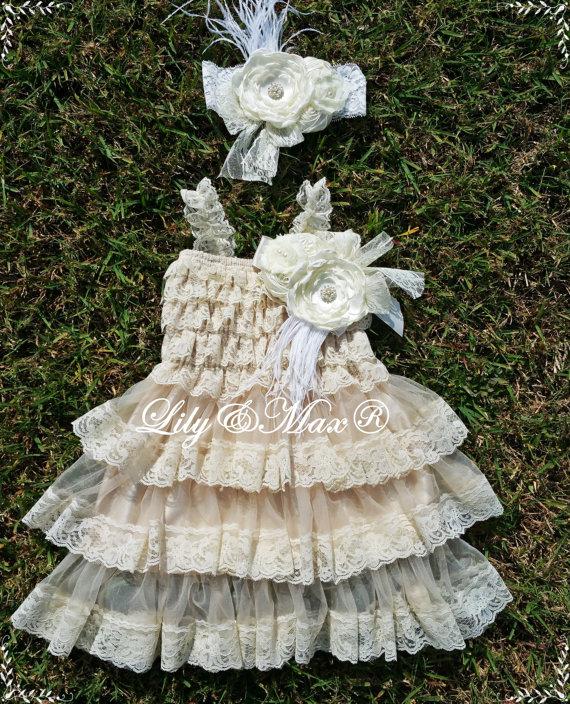 Mariage - Lace Rustic flower Girl dress,Ivory Posh Dress Set, Vintage lace chiffon Dress,  Baby Lace Dress, Baptism dress, Country Flower Girl dress,