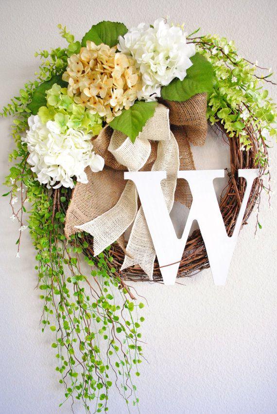 Hochzeit - Antique White Hydrangea Monogram Grapevine Wreath W/ Burlap. Spring And Summer Wreath. Housewarming, Wedding, Mother's Day. Monogram Wreath.