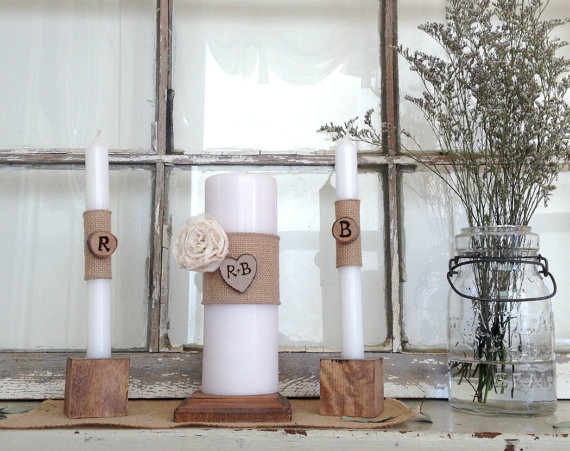 Wedding - Unity Candle Rustic Personalized 7 Piece Set Burlap and birch tree slices