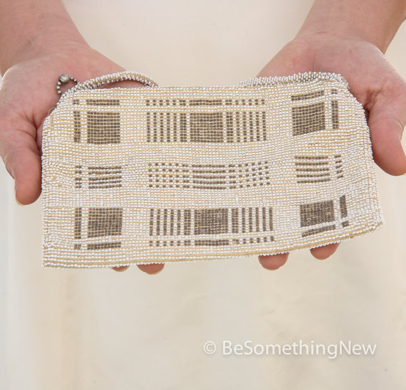 Hochzeit - Plaid Vintage Beaded Wedding Cluch Purse, Ivory and gold beaded purse, Accessory Wedding Purse Beaded Clutch, Vintage Wedding purse