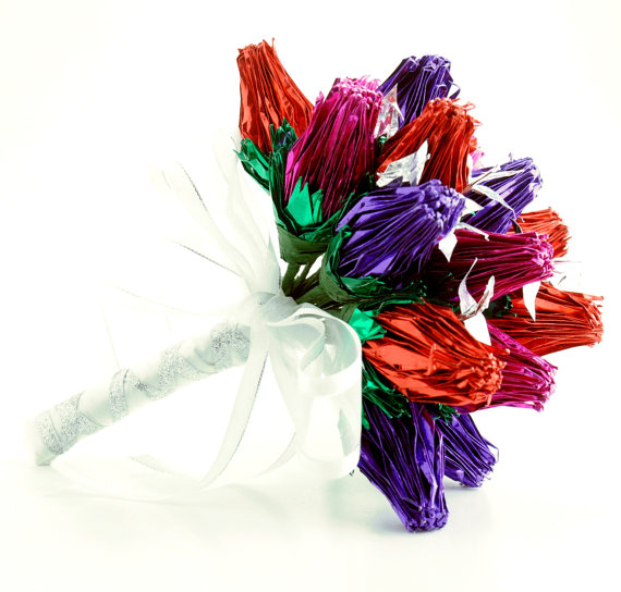 Свадьба - Red, Pink and Purple Bridal Wedding Bouquet, Origami Crane Roses with Ribbon wrapped Tailored Stems