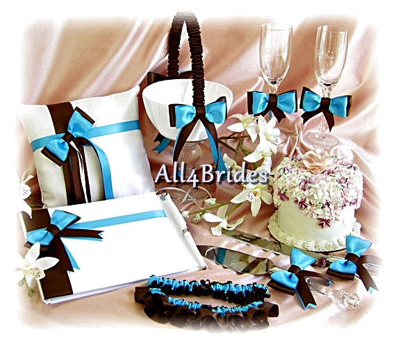 Свадьба - Wedding Flower Girl Basket, Ring Pillow, Guest Book, Bridal Garter Set, Cake Set, Flutes  9pc Turquoise and Chocolate Brown