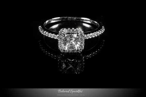 Wedding - Bridal 1.25 Carat Solitaire Engagement CZ Ring, Princess Cut Halo Ring, Classic Halo Cubic Zirconia Wedding Anniversary Promise Diamond Ring