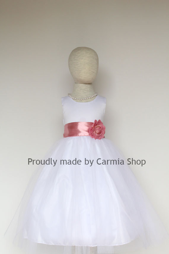 Hochzeit - Flower Girl Dresses - WHITE with Watermelon Rosewood Dusty (FRBP) - Easter Wedding Communion Bridesmaid - Toddler Baby Infant Girl Dresses