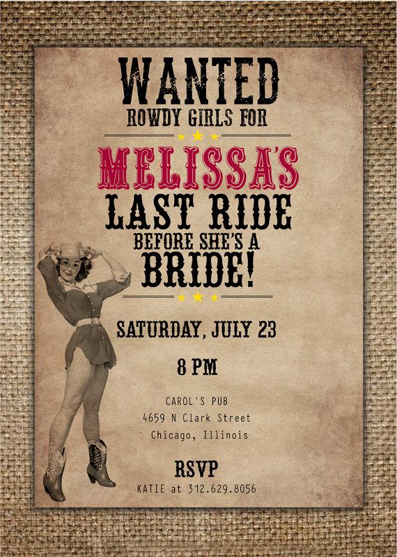 Свадьба - Bachelorette Party/Hen's Night Invitation : Bride's Last Ride Country/Western Theme with Pin Up Cowgirl