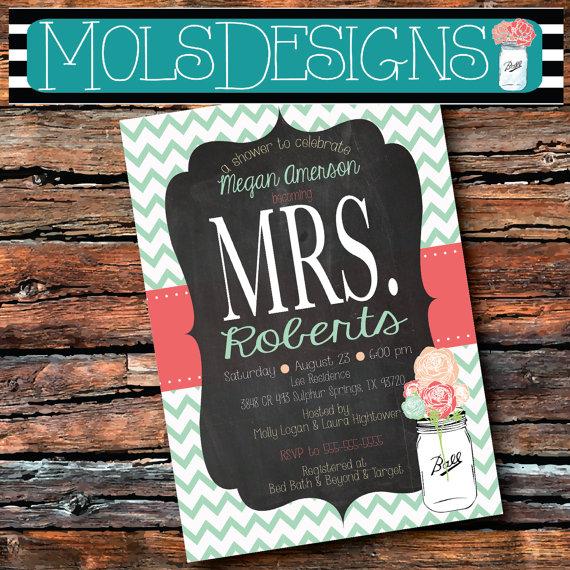 Mariage - Any Color CHEVRON Mrs. Bridal MASON JAR Vintage Chalkboard Mint Peach Pink Turquoise Floral Wedding Brunch Tea Party Baby Shower Invitation
