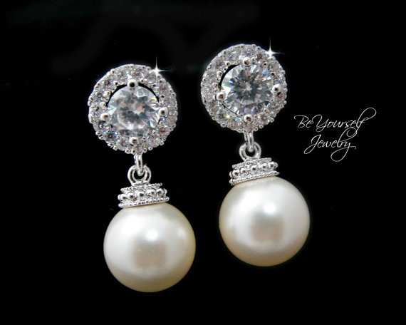 Hochzeit - Pearl Bridal Earrings Cubic Zirconia Sparkly Earrings Sterling Silver Posts Swarovski Pearls Wedding Jewelry Bridesmaid Gift Pearl Jewelry
