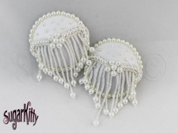 Wedding - White Satin & Pearl Bridal Nipple Pasties - SugarKitty Couture