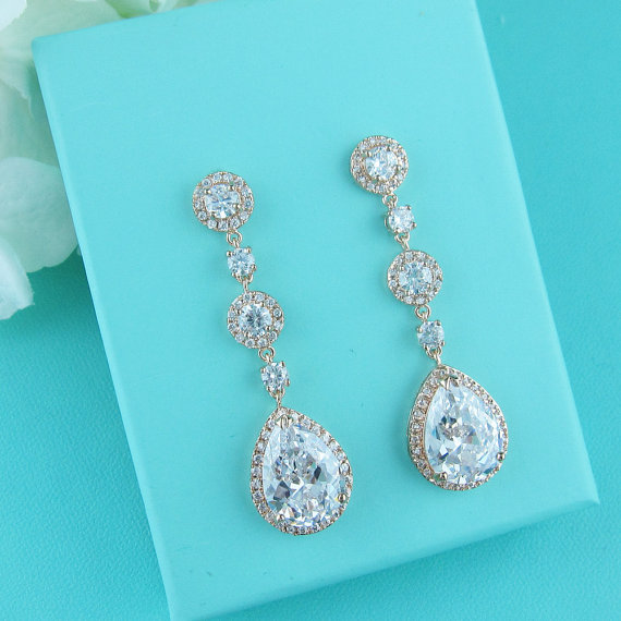 زفاف - Rose Gold Bridal earrings, cubic zirconia earrings, gold wedding jewelry, bridal jewelry,rose gold wedding earrings, long cz earrings