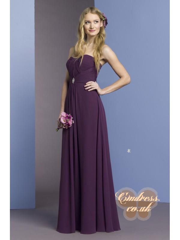 زفاف - A-line Chiffon Strapless Natural Waist Floor-Length Zipper Sleeveless Brooch Ruching Grape Bridesmaid Dress