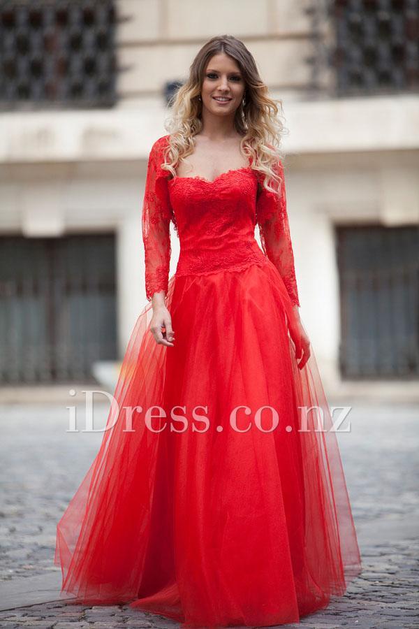 Hochzeit - Red Lace Bodice Strapless Sweetheart Long Tulle Prom Dress with Long Sleeved Bolero