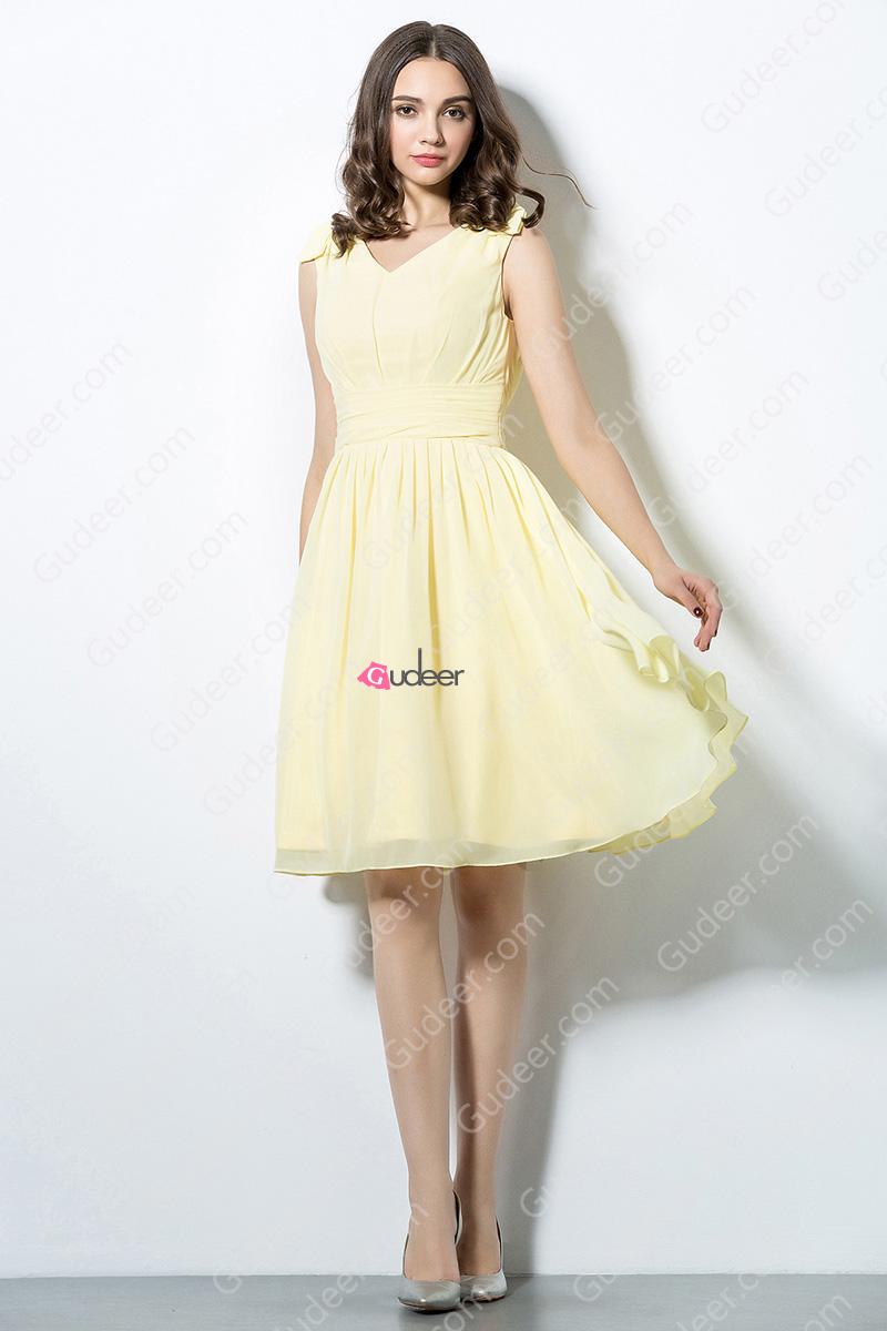 Hochzeit - Cute Knee Length V Neck Yellow Chiffon Bridesmaid Dress with Bows
