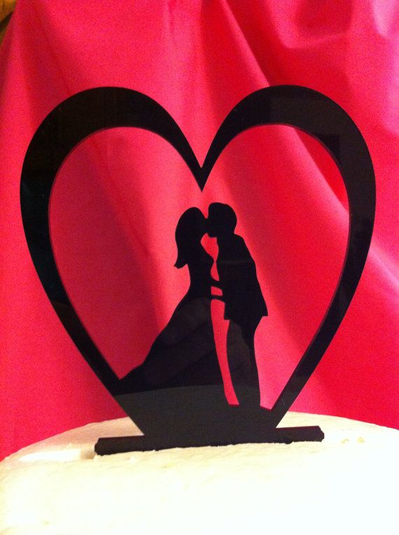 Wedding - Silhouette Heart Bride & Groom Kissing Acrylic Wedding Cake Topper
