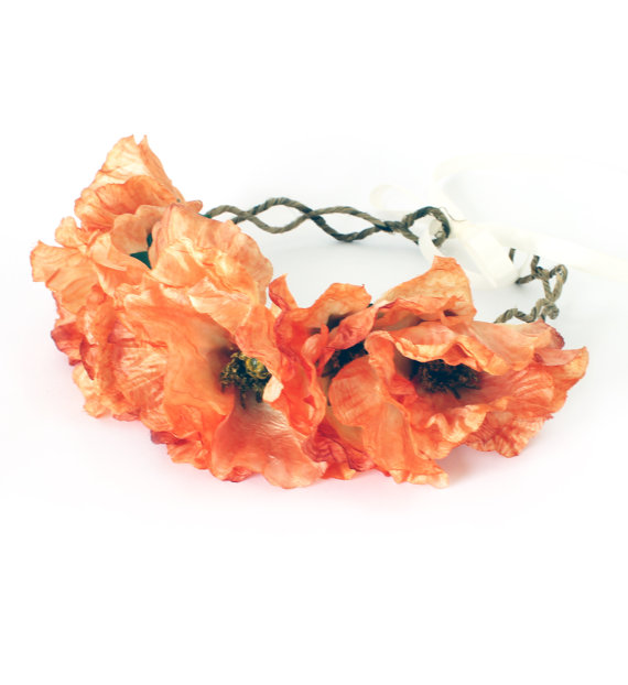زفاف - Amber Poppy Floral Crown, Orange Flower Crown, Festival Headband, Boho Wedding, Beach Wedding