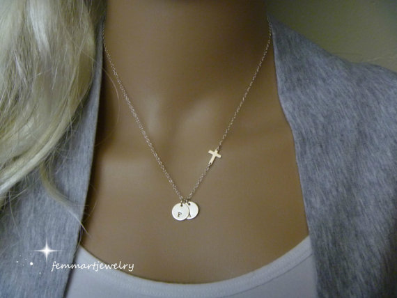 زفاف - Sideways Cross Necklace - Initial Necklace - Two Initial Disc - One or More Disc - Personalized Charm - Faith Charm - Mommy Necklace