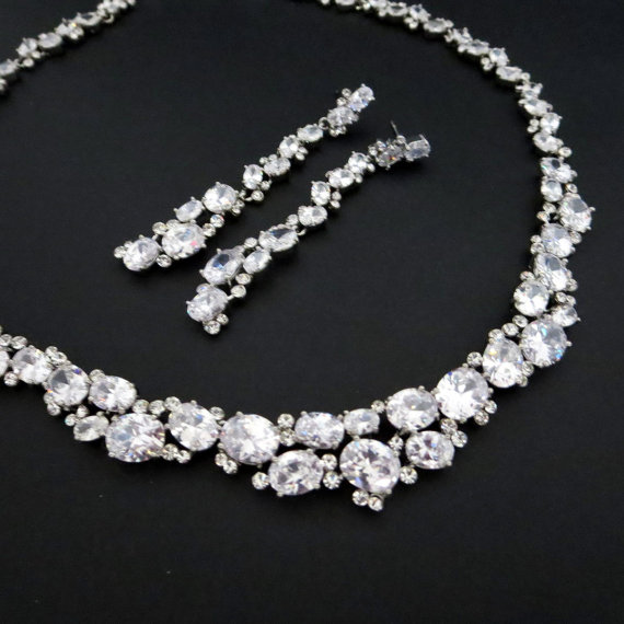 زفاف - Statement Bridal necklace set, Wedding jewelry set, Long wedding earrings, Crystal necklace and earrings, Cubic zirconia jewelry