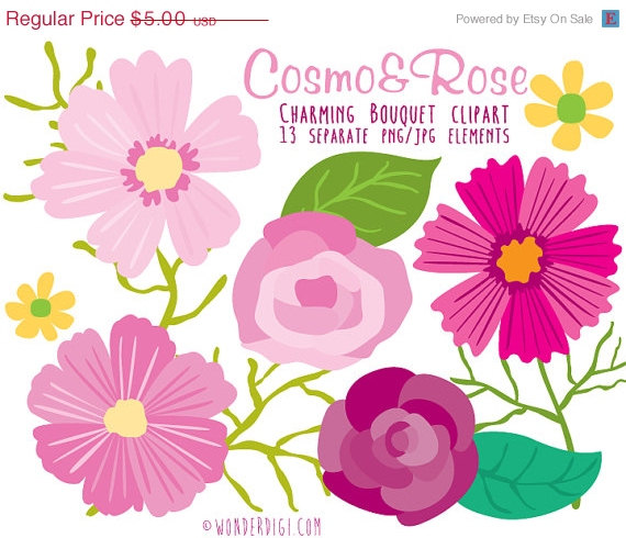 Hochzeit - Clipart SALE Flower clip art - Clipart Rose & Cosmos Flowers Bouquet- Floral Collection for Weddings Scrapbooking Invitations