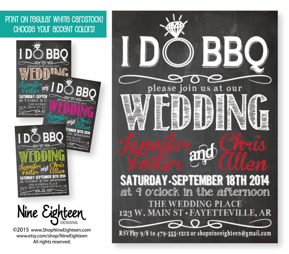 Wedding - I Do BBQ Wedding Invitation Chalkboard look. Choose Colors. Custom Printable PDF/JPG invitation. I design, you print.