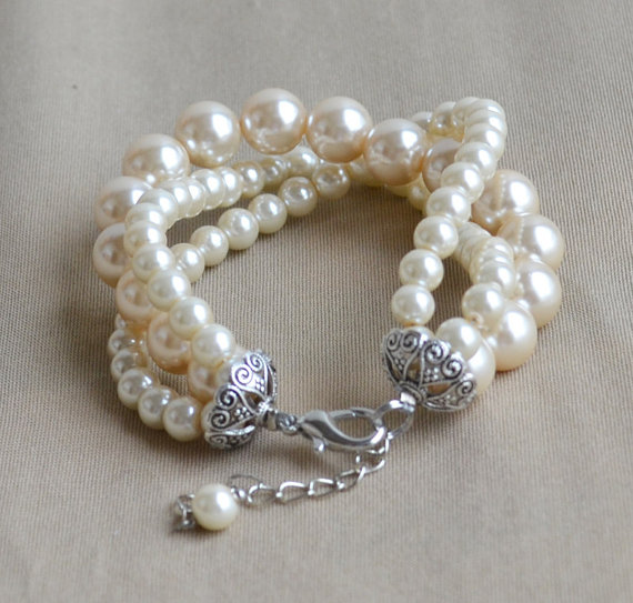 زفاف - Champagne Pearl Bracelet,Glass Pearl Bracelet,Pearl Bracelet,Wedding Bracelet,3 rows pearl bracelet,Bridesmaid Bracelet,Jewelry