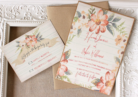 Coral floral wedding invitations