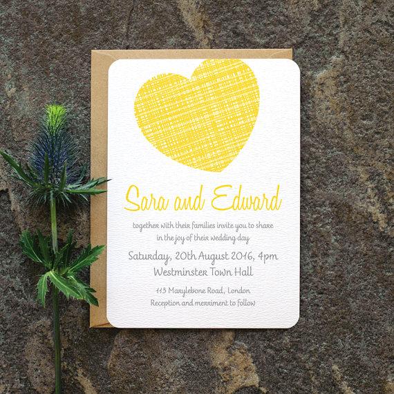 Свадьба - Bright Modern Wedding Invitation / 'Woven Heart' Simple Fun Minimal Wedding Invite / Yellow Grey Gray / Custom Colors Available / ONE SAMPLE