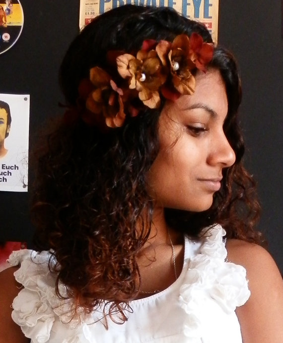 Wedding - Romantic brown rose and white pearl flower headpiece crown, nature woodland bridal boho gift birthday present