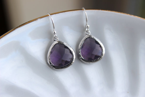 زفاف - Silver Amethyst Earrings Purple Glass - Amethyst Purple Bridesmaid Earrings - Bridal Earrings - Wedding Jewelry - Bridesmaid Gift