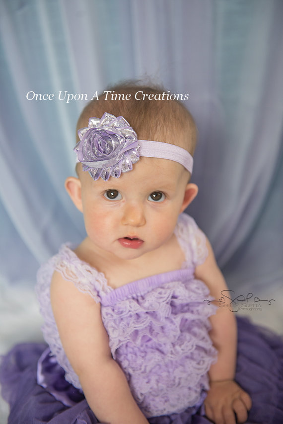 Свадьба - SALE - Lavender Metallic Shiny Baby Headband - Baby Girl Photo Prop - Shabby Chic Rose - Newborn Baby Bow Little Girls Hairbow