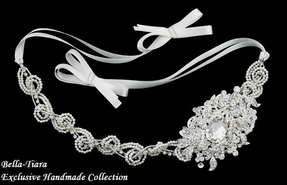 زفاف - ivory pearl wedding headband, wedding headwrap, pearl wedding hair accessory,  ribbon bridal headband, beaded headband