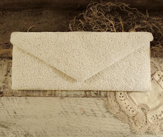 Mariage - Vintage White and Glass Seed Bead Handbag Purse / Wedding Purse / Holiday Handbag / Beaded Clutch / Envelope Clutch