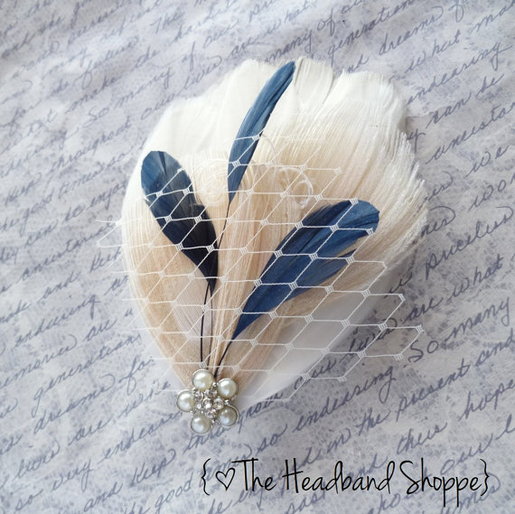 Wedding - Ivory, Cream and Navy Blue Peacock Feather Fascinator with Birdcage Veiling - BETH
