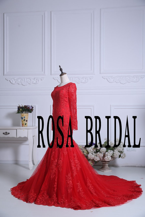 Wedding - Red lace wedding dress, Mermaid wedding dress, Long sleeve wedding dress lace Red wedding bridal gown Custom Size