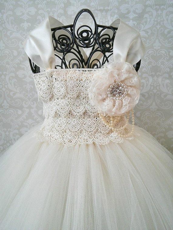 Wedding - Ivory Lace Flower Girl Dress