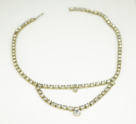 Hochzeit - Rhinestone Necklace Choker, Vintage Clear Stone, Wedding Art Deco ,  Clear Short Bridal 1950s
