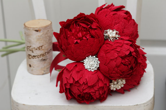 Mariage - wedding bouquet, brooch bouquet, paper flower bouquet, wedding brooch, wedding flowers, wedding decor, red peonies
