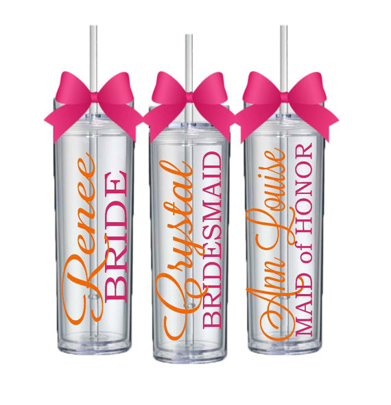 Wedding - 8 Skinny Personalized Bridesmaid Tumblers - Wedding Party Acrylic Tall Tumblers - Set of EIGHT