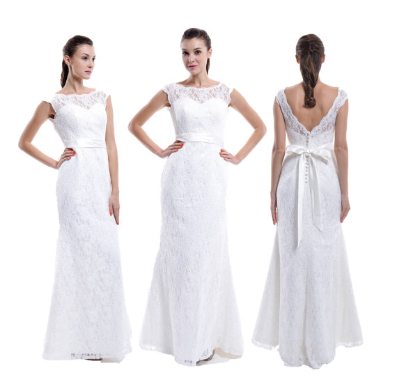 Wedding - Straps Scoop Neck Lace Wedding Dress With Scalloped Edge, V back Long Ivory Lace Wedding Dress, Trumpet / Mermaid Lace Wedding Dress