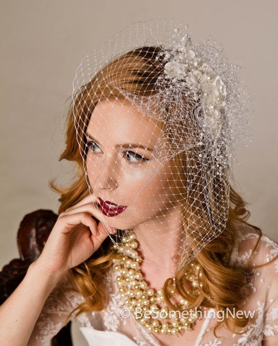 Свадьба - Birdcage Wedding Veil with Flower and Pearl Spray Wedding Headpiece