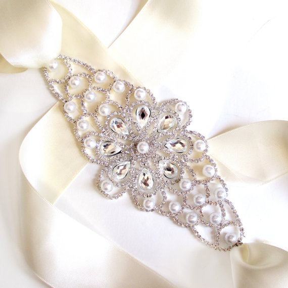 Hochzeit - Extra Wide Pearl and Rhinestone Wedding Dress Sash - Silver Rhinestone Encrusted Bridal Belt Sash - Crystal Extra Wide Wedding Belt