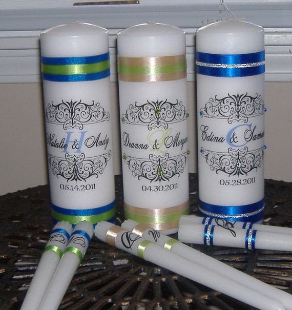 Mariage - Unity Candle Set - Damask Flourish - Your choice of color and crystal or pearl accents