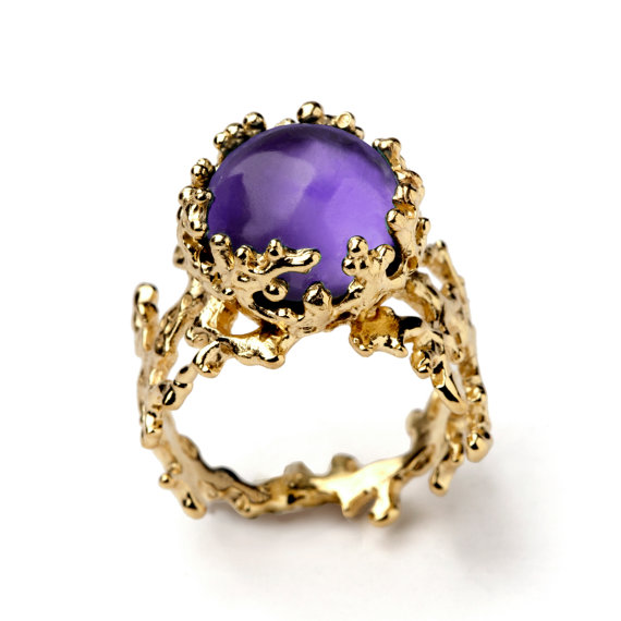 Wedding - CORAL Yellow Gold Amethyst Ring, Purple Amethyst Ring, Large Amethyst Ring, Purple Amethyst Engagement Ring
