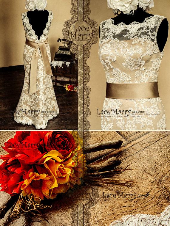 Mariage - Vintage Feel Meets Stylish - Dark Champagne Underlay Full Lace Wedding Dress with Deep V-Cut Back Design - Floor Length Lace Wedding Dress